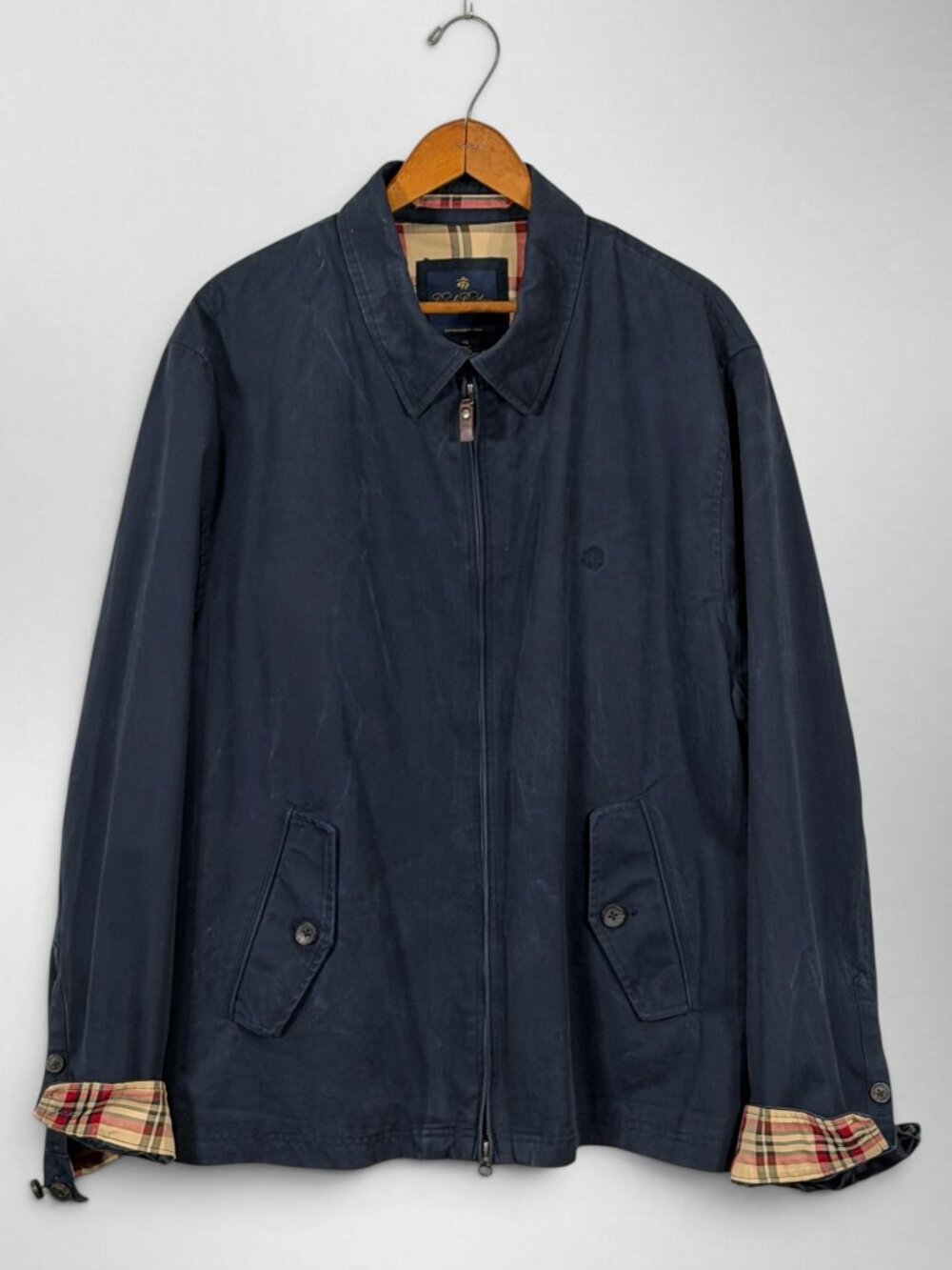 Brooks Brothers Mens XL Navy Cotton Harrington Jacket Plaid Lined Leather Trim